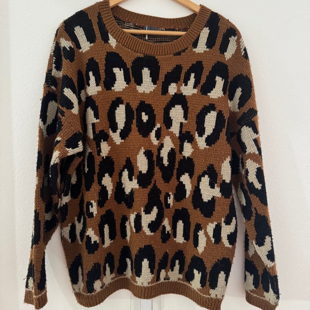 Sparkle & Fade Leopard Print Knit Sweater – Brown, Black & Cream, Size XS